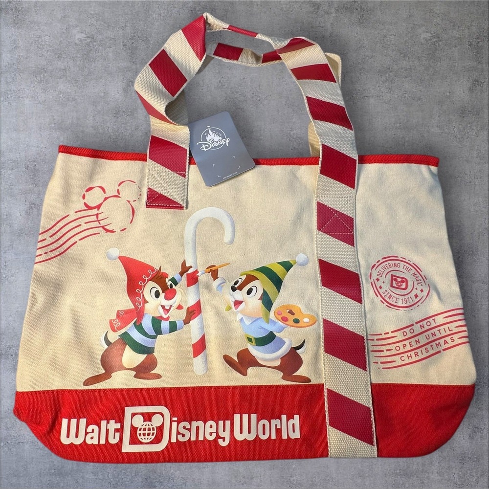 NEW Walt Disney World Tote Bag Chip And‎ Dale Christmas Mickey Mouse Candy Cane